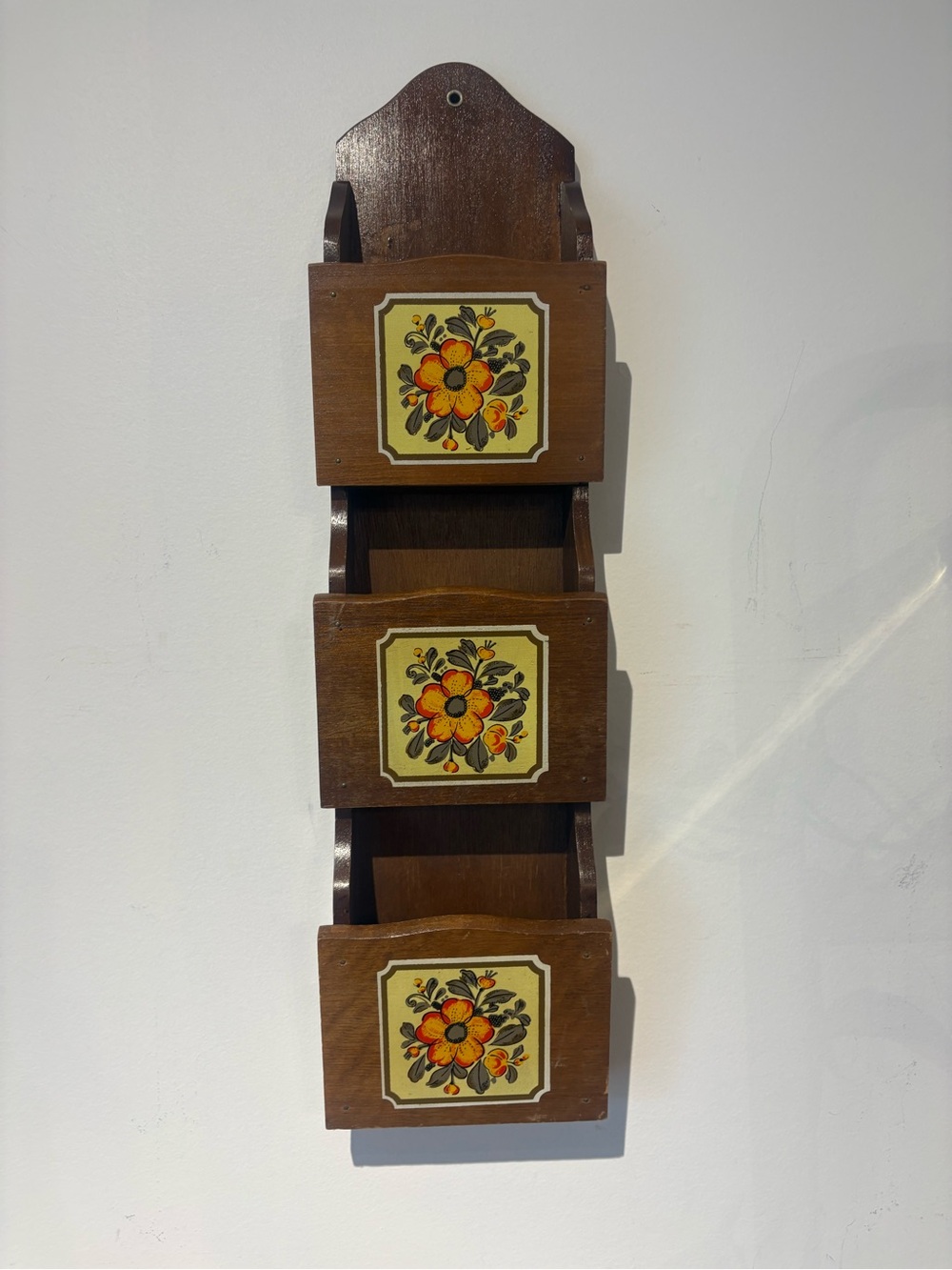 Vintage Wooden Wall Pocket Organizer with Yellow Floral Tiles